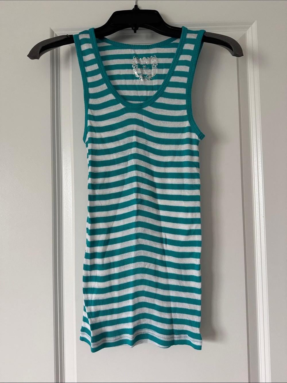 Juniors Medium Striped Teal and White Ribbed Tank Top